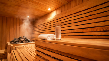 A serene cedar-lined sauna interior viewed from a low angle, warm amber glow from overhead lighting, smooth Grade-A Canadian cedar bench and backrest, a