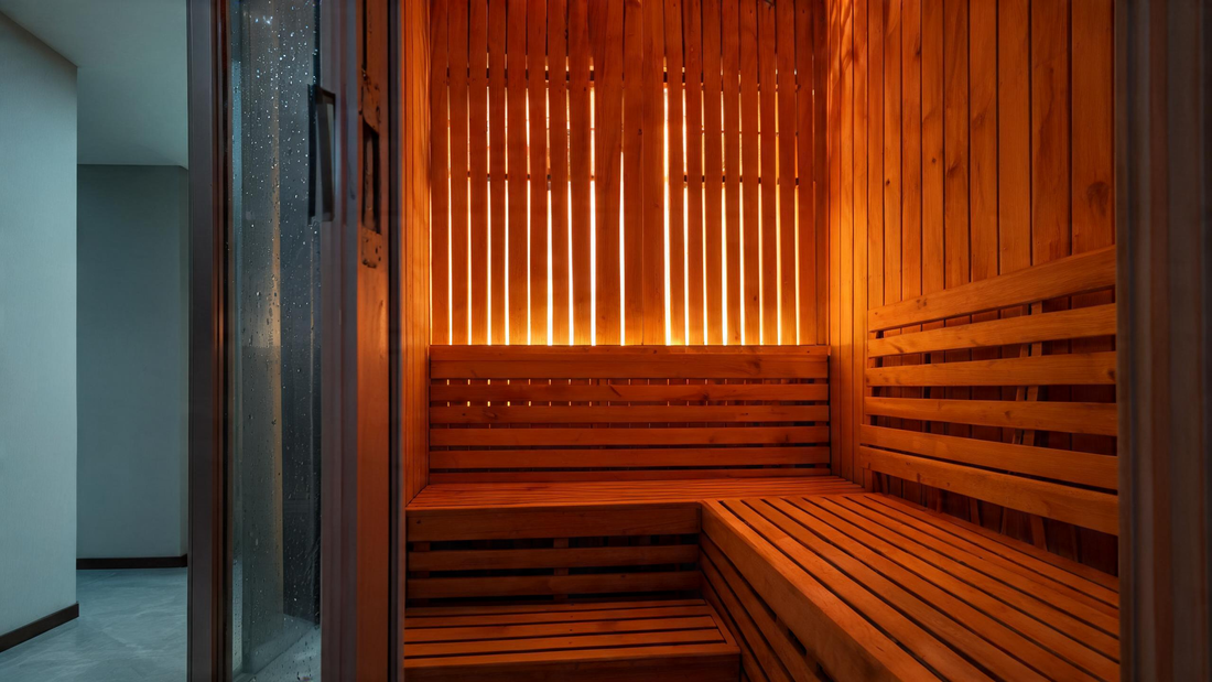 A warm cedar infrared sauna interior photographed through its glass door, soft amber light glowing through the wood slats, a clean bench and back panel