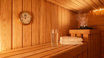 A serene cedar sauna interior viewed from inside — warm amber glow on Grade-A Canadian cedar walls, a thermometer reading 80°C visible on the wall, a