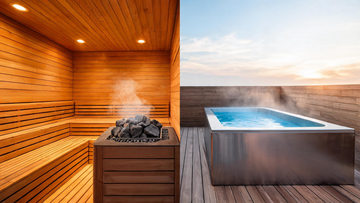 A split-scene editorial showing a cedar sauna interior on the left with warm amber glow and Grade-A Canadian cedar benches, and a stainless cold plunge tub with Glacier-blue water on the right