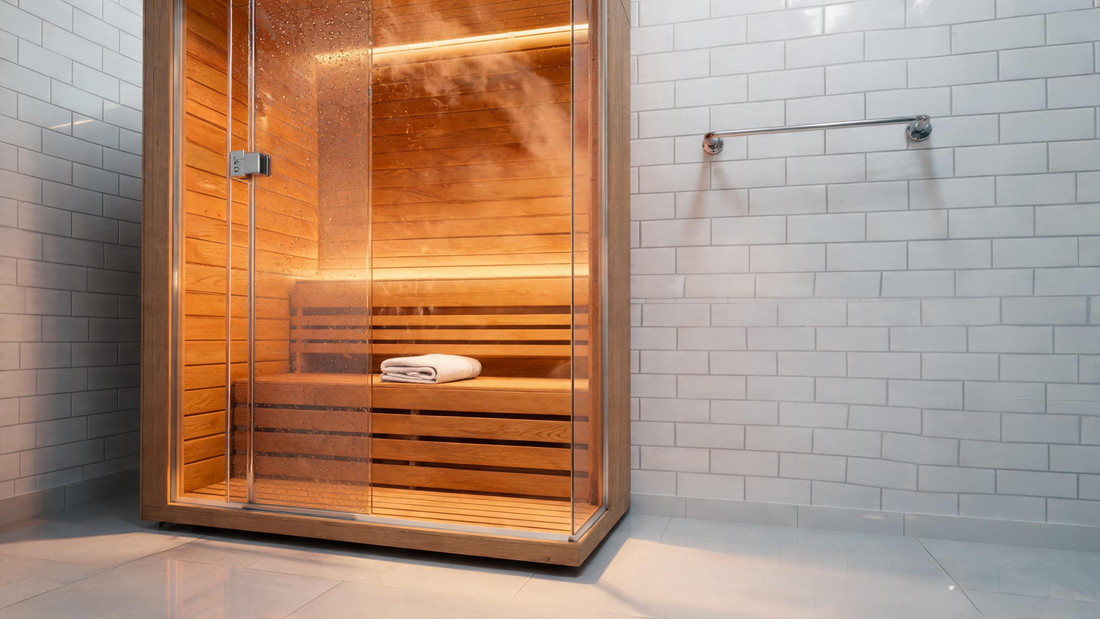 A compact one-person infrared sauna cabin installed in a bright, modern bathroom — warm hemlock interior glowing through a…