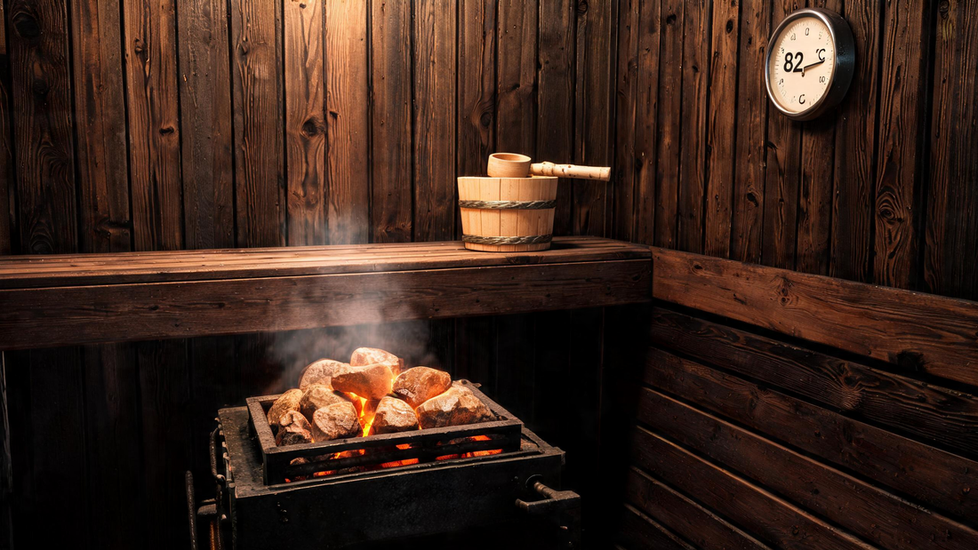 Interior of a Canadian black cedar traditional sauna, walls glowing warm amber from a low-mounted sauna heater with stacked…