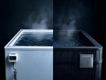 Split-frame comparison of a DIY garage-built chest freezer cold plunge beside a sleek black-cedar Calore Glacier purpose-built cold plunge tub, steam rising off the cold water