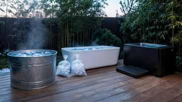 Lineup of cold-exposure options: a galvanized stock tank with floating ice, a bagged-ice tub, and a sleek insulated purpose-built cold plunge