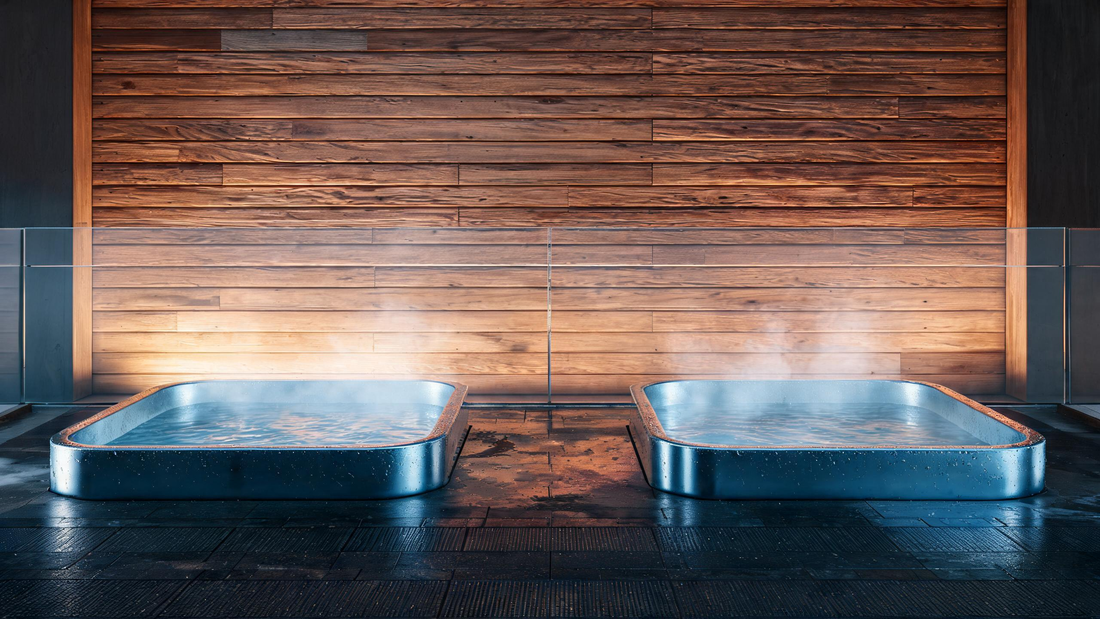 Commercial cold plunge zone in a premium wellness center with Glacier-blue stainless plunge tubs on a slip-resistant dark deck and warm cedar accents