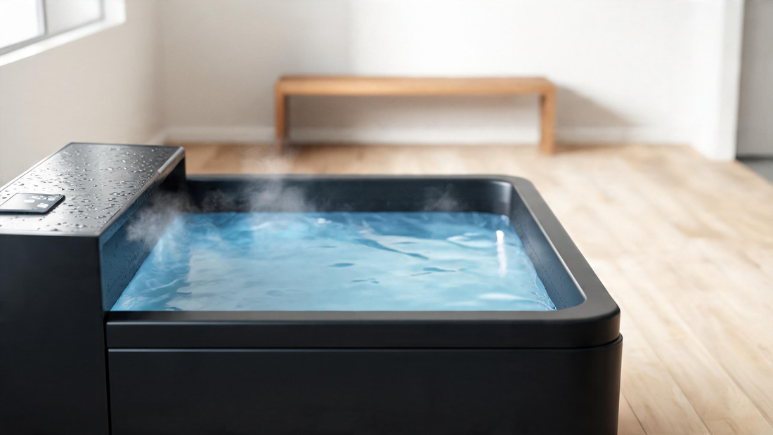 Matte-black hard-shell cold plunge with an integrated chiller cabinet in a modern recovery room, cold mist over still Glacier-blue water