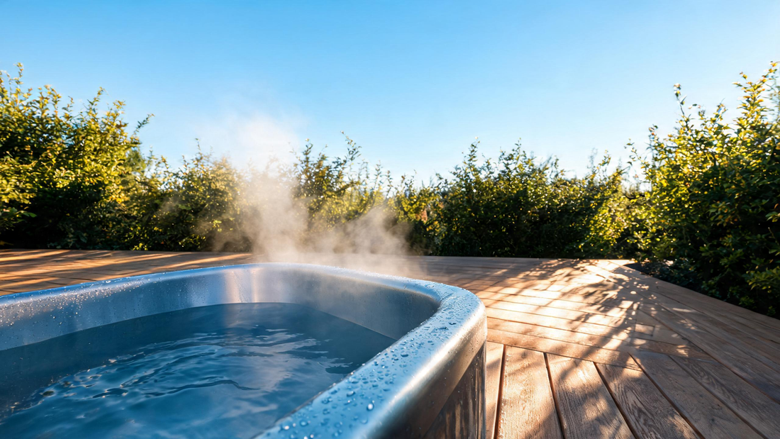 Premium outdoor cold plunge on a sunny summer deck at golden hour, polished Glacier-blue stainless tub with cold mist drifting off the water