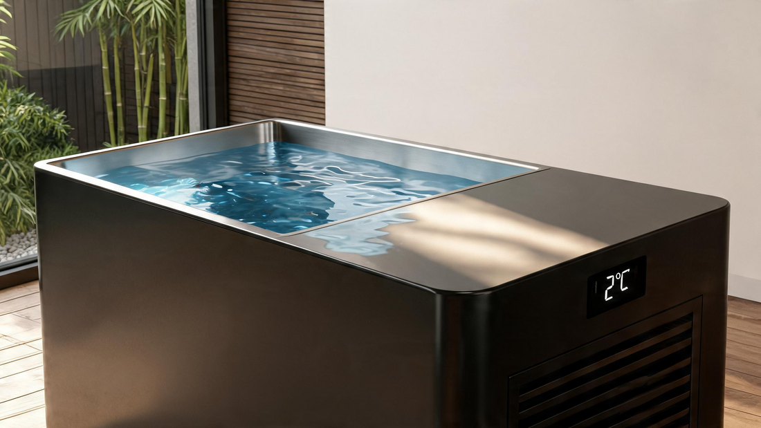 Premium cedar-and-stainless cold plunge with a digital thermometer on the rim reading a low temperature, cold vapour rising off still water