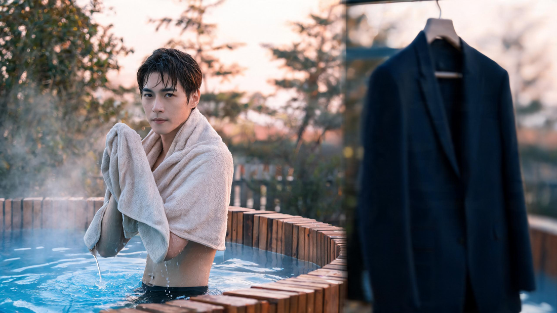 A composed person stepping out of a sleek cold plunge at dawn, towelling off and looking calmly determined, with a sharp outfit