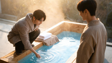 A reassuring beginner scene: a first-timer crouched calmly at the edge of a sleek cold plunge, a warm robe and towel folded right beside