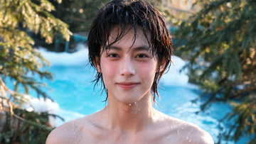 A warm, candid group of diverse friends gathered around a glacier-blue cold plunge at sunrise, grinning mid-gasp and laughing