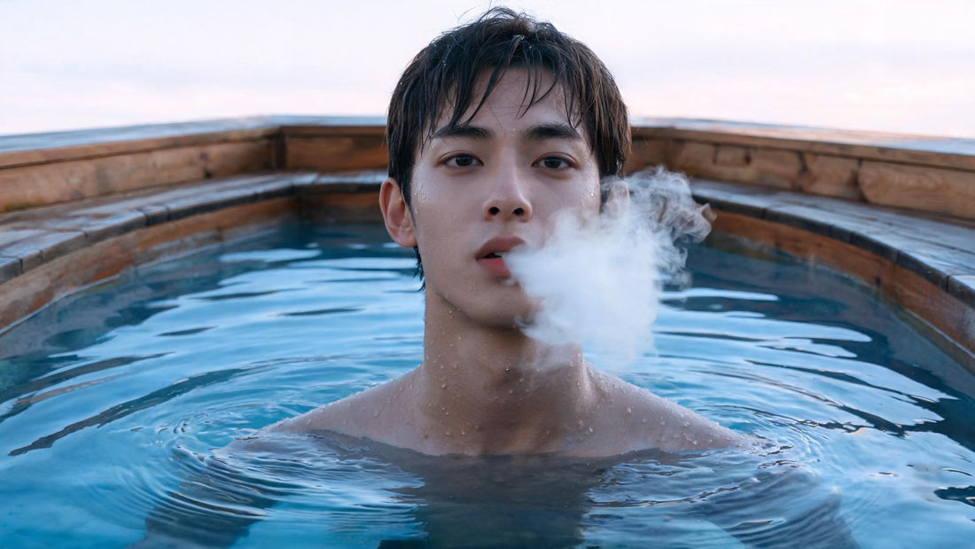 A close, intense-but-controlled shot of a person in the very first moment of entering a glacier-blue plunge to the shoulders, eyes focused