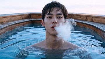 A close, intense-but-controlled shot of a person in the very first moment of entering a glacier-blue plunge to the shoulders, eyes focused