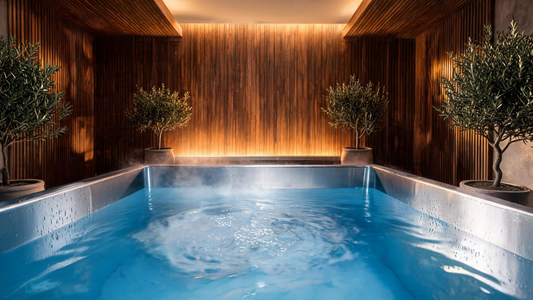 Premium cold plunge in a luxury home spa with warm cedar walls, a brushed stainless tub holding still Glacier-blue water and cold vapour