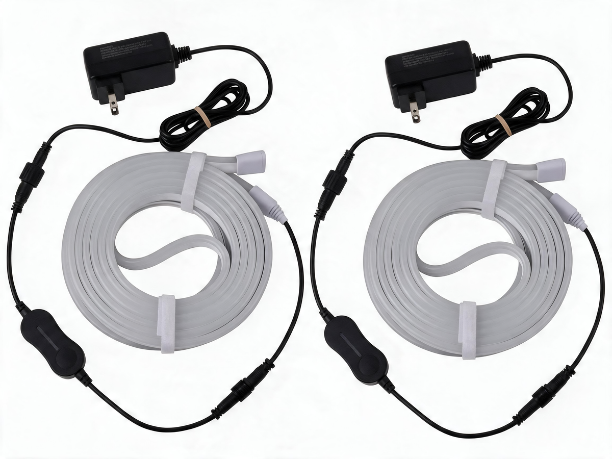 Sauna LED light kit contents: two 16.4 ft LED strips with inline controllers and plug-in power adapters